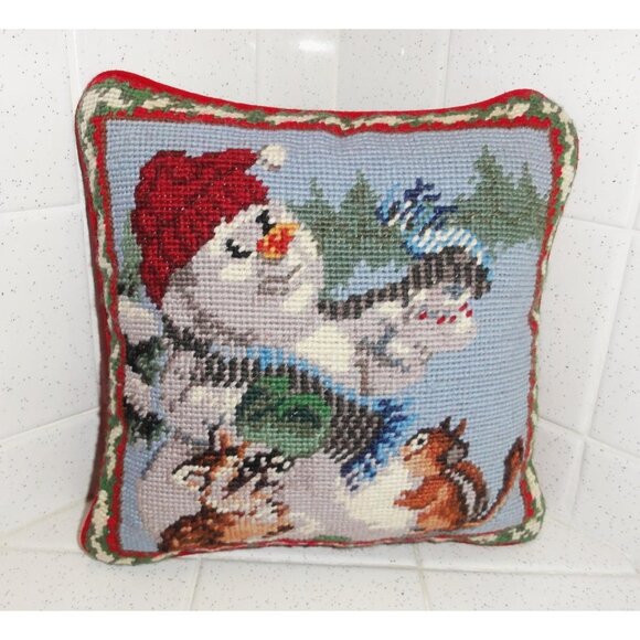Vintage Needlepoint Christmas Pillow Lot Snowman & Santa decorative holiday - Picture 7 of 13